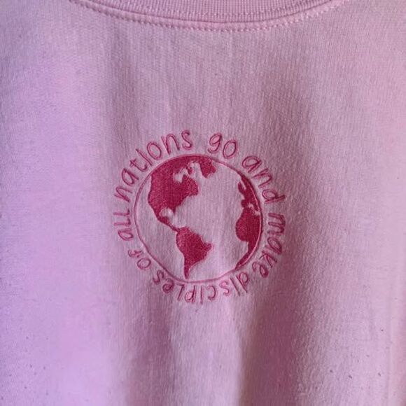 Women’s Christian Hand Embroidered Pink Gildan Crew Jesus God Sweatshirt Med - Picture 2 of 6